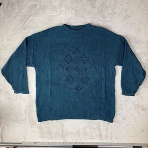 Eddie Bauer Sweater Womens L Blue Green Cotton Knit Crew Pullover Vtg USA Jumper